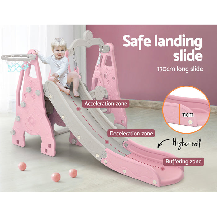 Keezi Kids Extra Long Slide and Swing with Basketball Hoop Set - Pink