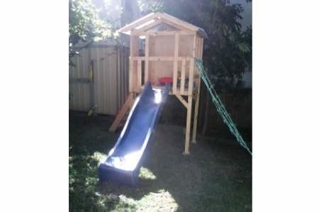 Small Fort Cubby House - wooden with climbing net and blue slide