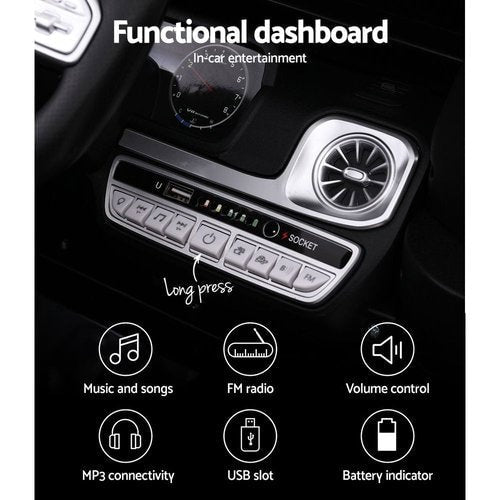 Close up image of the functional dashboard of Mercedes 12v AMG G63 showing the written features, music and songs, FM radio, Volume Control, MP3 connectivity, USB slot and Battery indicator