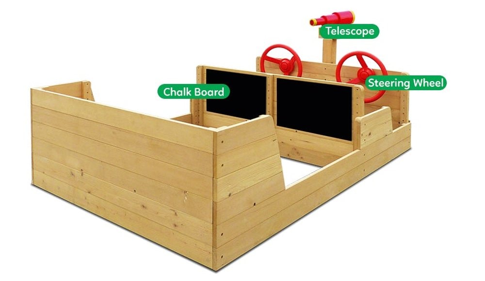 Angle back view of Admiral Play Boat Sandpit with parts label of chalkboard, telescope, steering wheel and white background