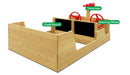 Angle back view of Admiral Play Boat Sandpit with parts label of chalkboard, telescope, steering wheel and white background