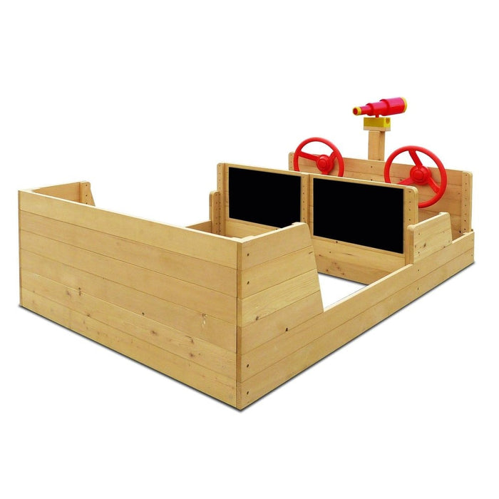 Angle back view image of Admiral Play Boat Sandpit and two chalkboards attached on the play boat with white background