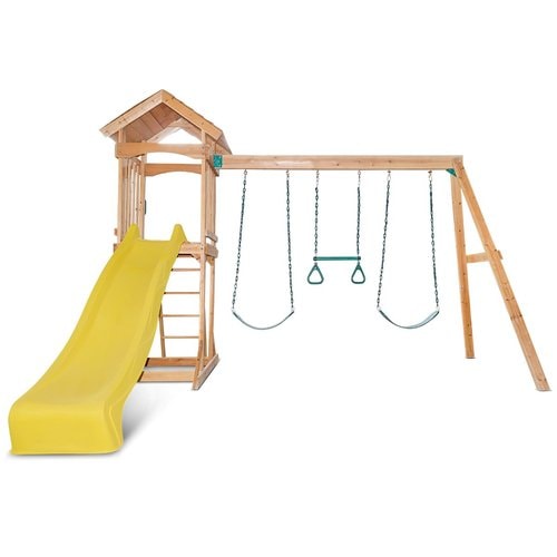 Full front view image of Albert Park Swing And Play Set kids playcentre with yellow slide and swings and trapeze with white background