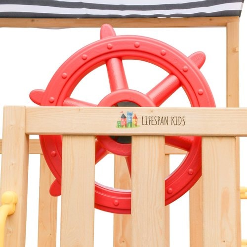 Close up image of the red steering wheel in white background