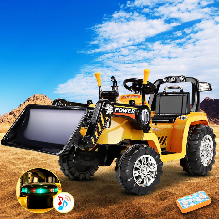 Full image of the Bulldozer Kids Tractor with a close up image of the front lights and controller