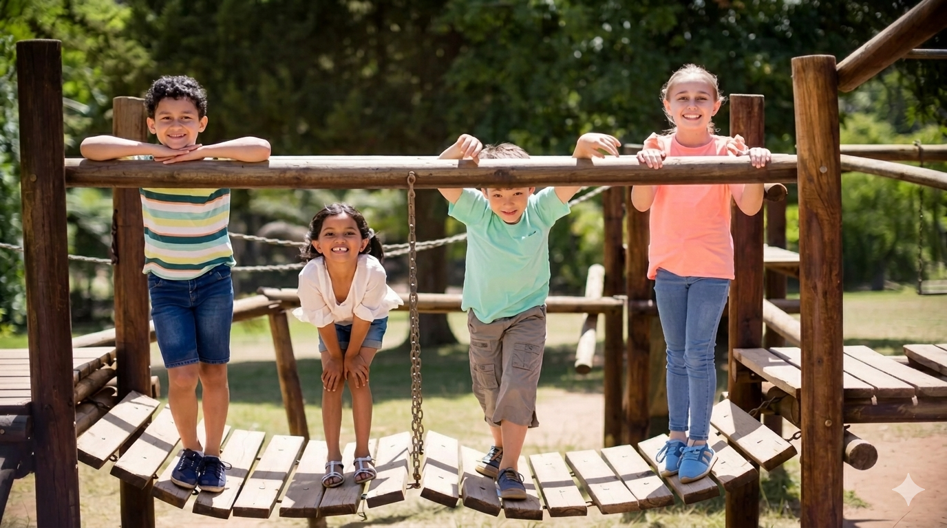 Happy children playing on a durable wooden playground bridge outdoors, featuring premium backyard play equipment.