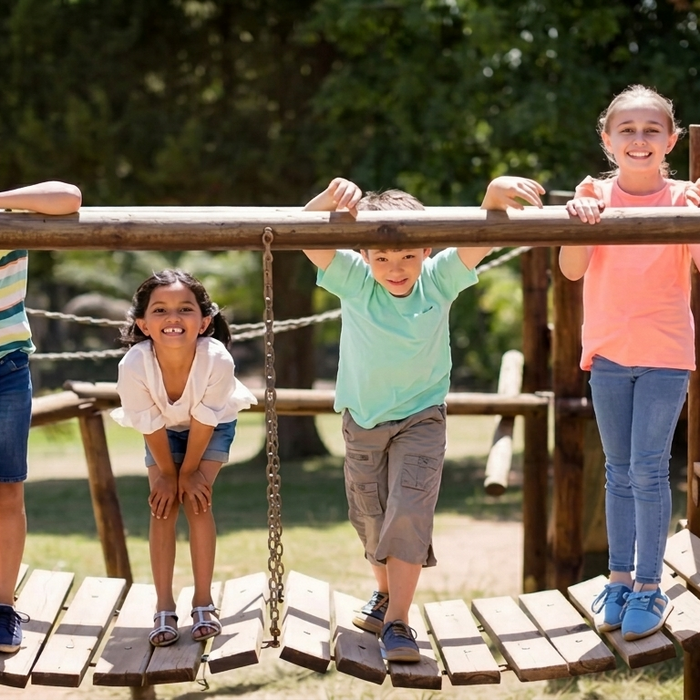 Happy children playing on a durable wooden playground bridge outdoors, featuring premium backyard play equipment.
