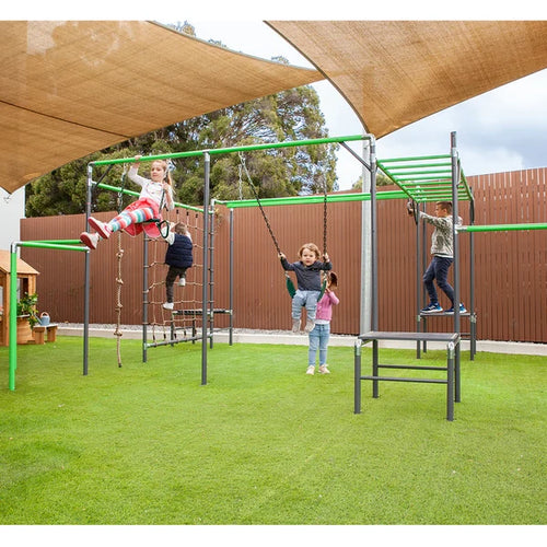 Premium wooden backyard swing set by All Things For Kids in a safe, grassy playground