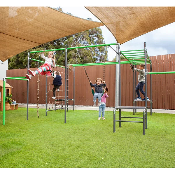 Premium wooden backyard swing set by All Things For Kids in a safe, grassy playground