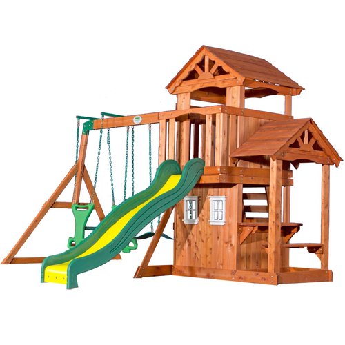 an image of a backyard playground with swings and a slide and a cubbyhouse with a white background