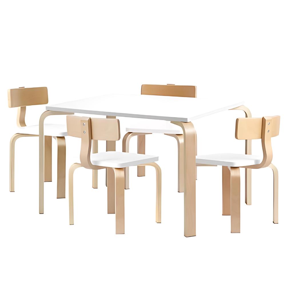 image of a kids table and 4 chairs in a nordic style with a white background