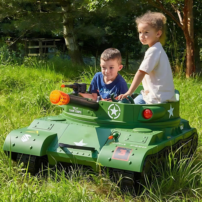 2 kids sitting on the 24v thunder tank