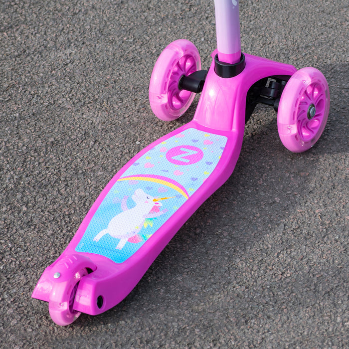 Zinc Explorer Tri Scooter Unicorn deck close-up