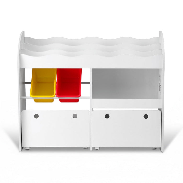 Three tier white storage display unit for a kids room