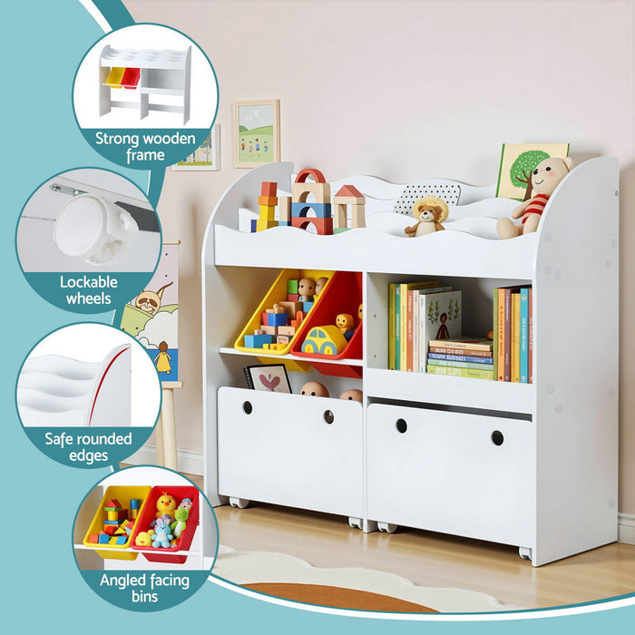 Toy storage tiers on the Keezi kids bookshelf in white