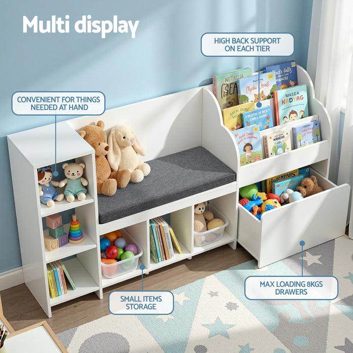 Keezi Kids Storage Unit Bookshelf Toy Box Organiser Bench Seat Cabinet 170cm White