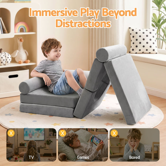 Keezi 12PCS Modular Kids Sofa Play Couch Foam Set with Removable Washable Cover Grey Playroom