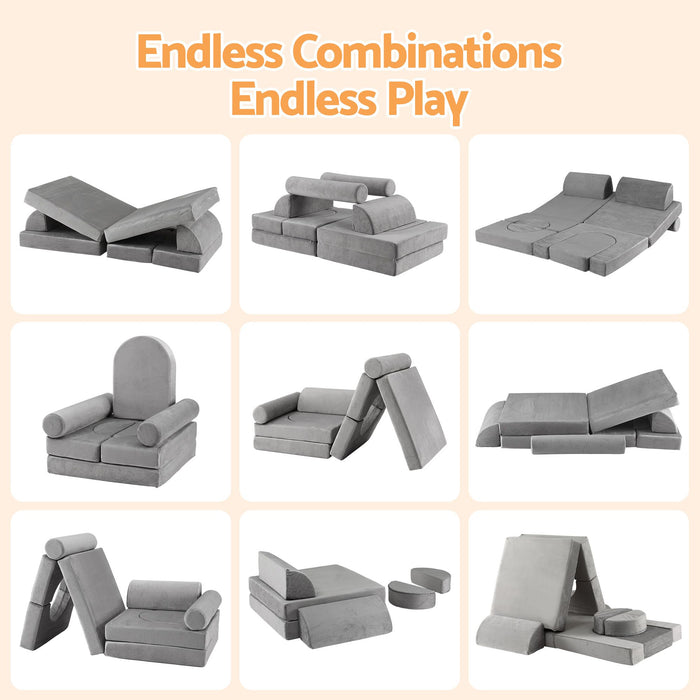 Keezi 12PCS Modular Kids Sofa Play Couch Foam Set with Removable Washable Cover Grey Playroom
