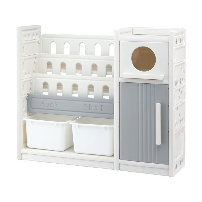 Keezi Kids Bookshelf and Toy Storage Organizer with 3-Tier Bookshelvs, 2 Removable Bins and 2 Storage Cabinets, Toddler Bookshelf with Toy Organizer for Kids' Rooms, Playrooms