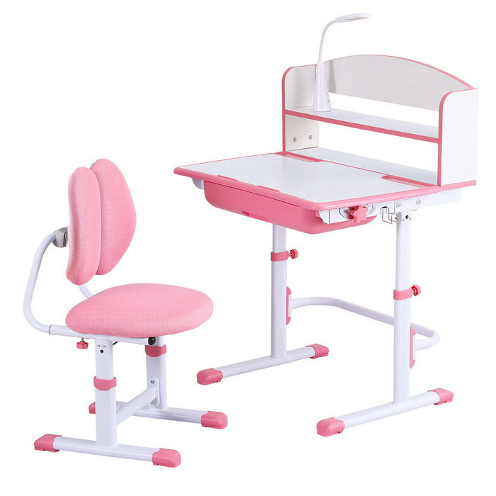 Keezi kids study desk and double-back ergonomic chair set with LED lamp in pink
