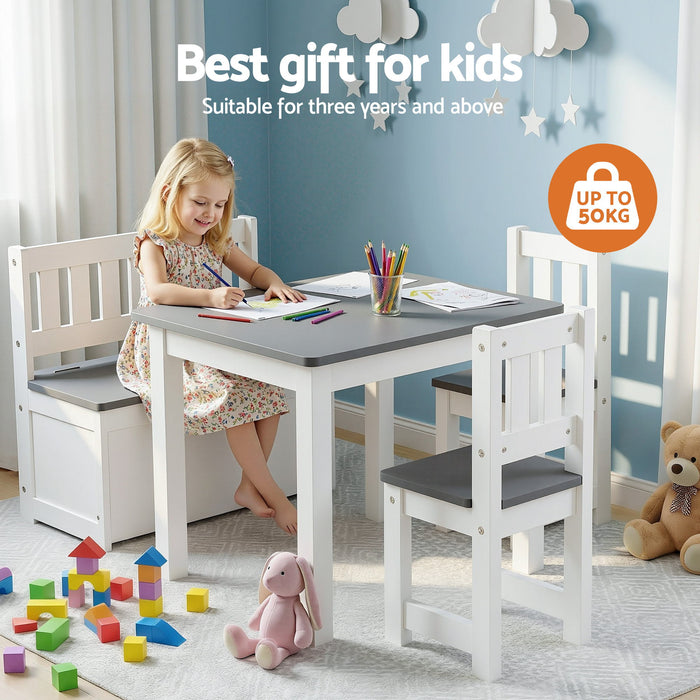 Grey storage bench seating for a kids table