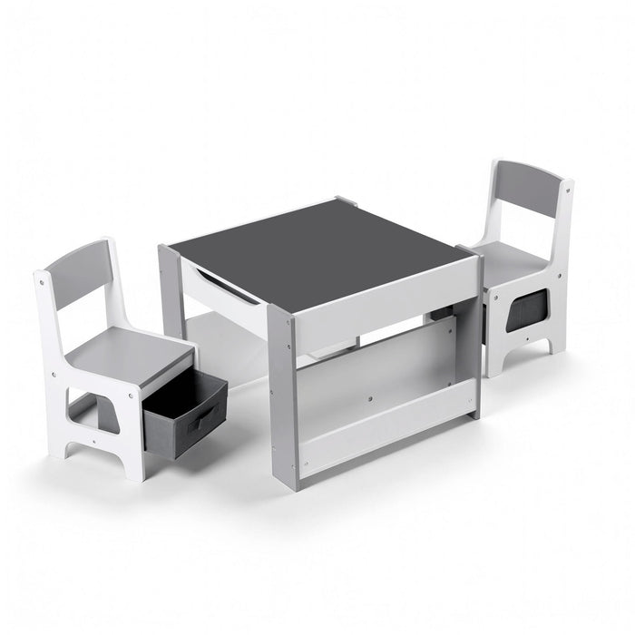 Keezi Kids Table and Chair Set, 4 in 1 Wooden Activity Table with Bookcase, Storage Box and Detachable Blackboard, Toddler Table and 2 Chairs Set, Grey