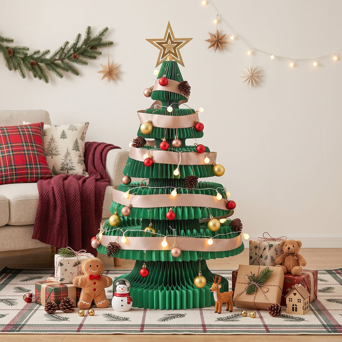 Jingle Jollys Paper Christmas Tree 87cm with Star Topper & LEDs - Green