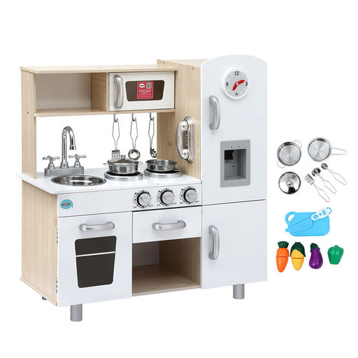 Toy kitchen with a pretend clock face for children