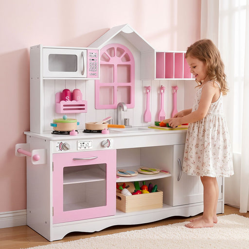 Keezi wooden kids play kitchen in pink and white