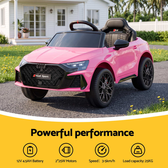 Child seated in the pink Audi RS3 ride on car