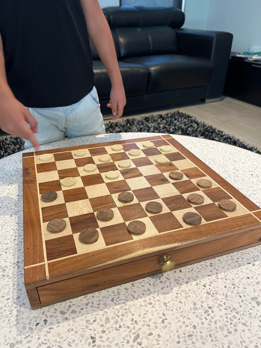 Portable Carved Wooden Chess and Checker Board Set