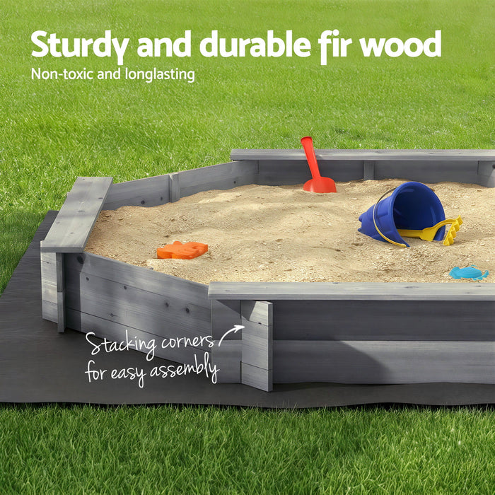 Keezi Kids Sandpit Wooden Round Sand Pit with Cover Bench Seat Beach Toys 182cm Grey