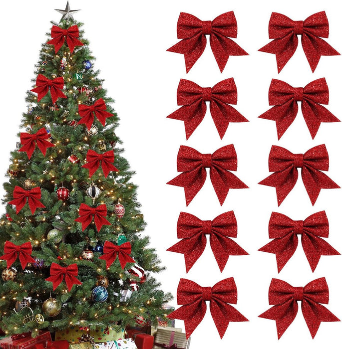 Red Glitter Christmas Bows 12x15cm - 10 Pack