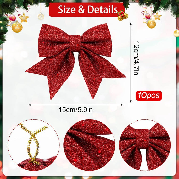 Red Glitter Christmas Bows 12x15cm - 10 Pack