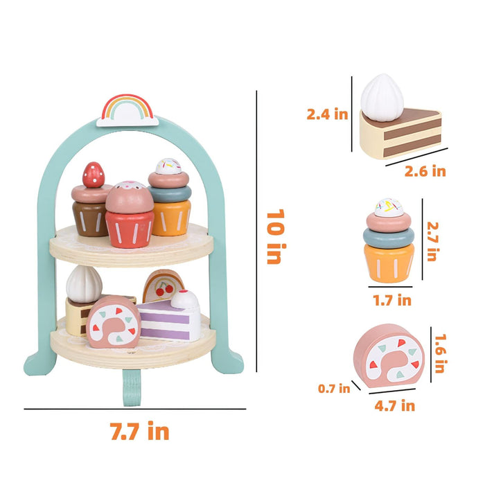 Wooden Dessert Cake Play Food Set Toys, Pretend Play Kids Tea Party Set for Little Girls Toddlers, Montessori Wooden Play Kitchen