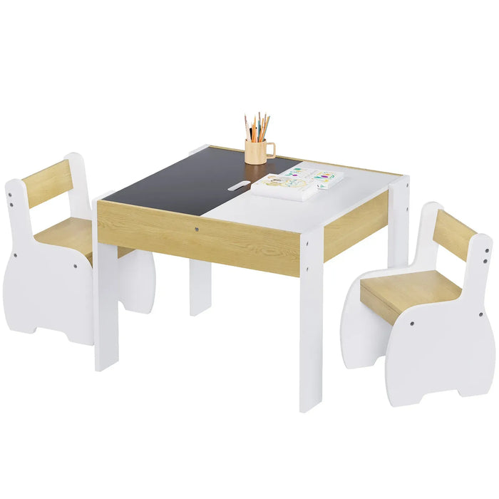 3-Piece Kids Table and Chairs Set in White with Storage, 60x60x48cm