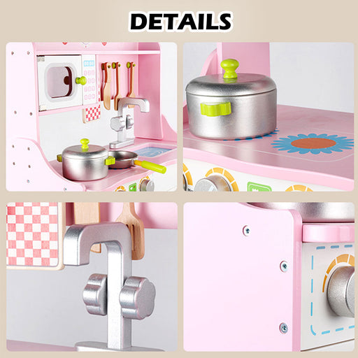 Timber toy kitchen with cookware accessories
