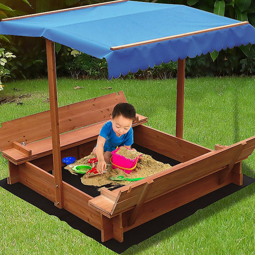 Timber sandbox with overhead shade for children