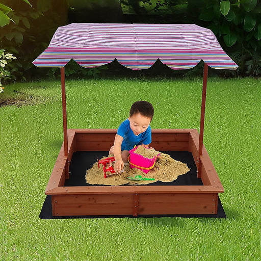 Timber sandbox with a shade canopy for children