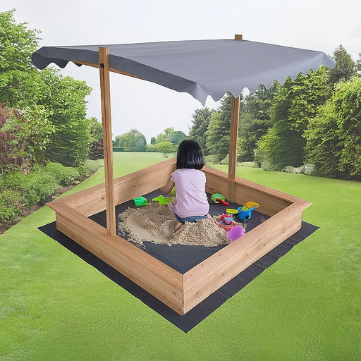 Timber sandbox with shade canopy for outdoor play