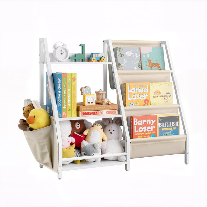 3-Tier Kids Bookshelf & Toy Storage Organizer with Sling Book Rack and Storage Bag For Toddler, Kids Room, Playroom, Kindergarten, Nursery