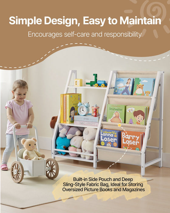3-Tier Kids Bookshelf & Toy Storage Organizer with Sling Book Rack and Storage Bag For Toddler, Kids Room, Playroom, Kindergarten, Nursery
