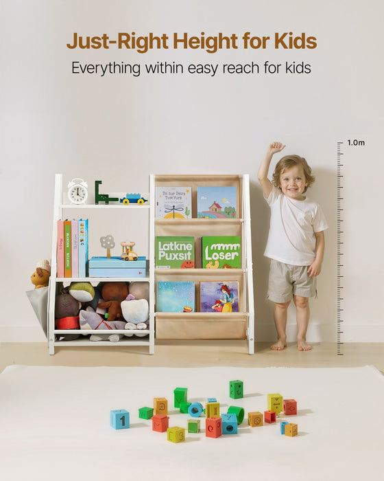 3-Tier Kids Bookshelf & Toy Storage Organizer with Sling Book Rack and Storage Bag For Toddler, Kids Room, Playroom, Kindergarten, Nursery