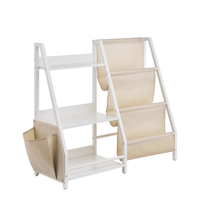 3-Tier Kids Bookshelf & Toy Storage Organizer with Sling Book Rack and Storage Bag For Toddler, Kids Room, Playroom, Kindergarten, Nursery
