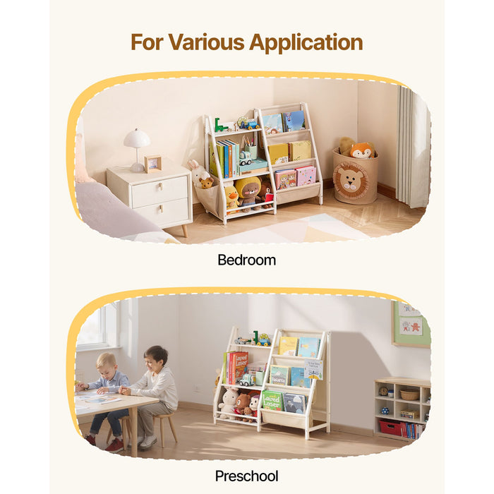 3-Tier Kids Bookshelf, Toy Storage Organizer for Toddler, Book Shelf for Kids Rooms with Sling Book Rack and Storage Bag, Kids Storage Book Shelves for Kids Room, Playroom, Kindergarten, Nursery
