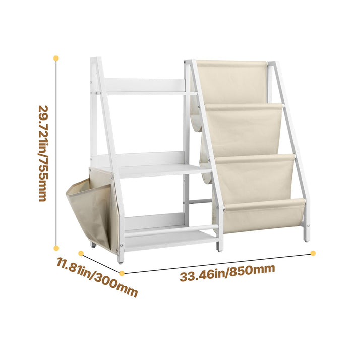 3-Tier Kids Bookshelf, Toy Storage Organizer for Toddler, Book Shelf for Kids Rooms with Sling Book Rack and Storage Bag, Kids Storage Book Shelves for Kids Room, Playroom, Kindergarten, Nursery