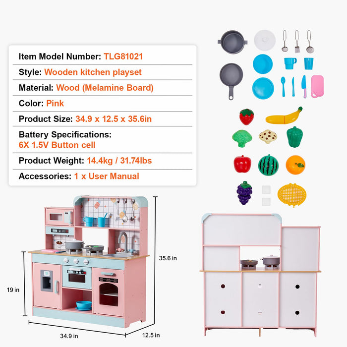 Kitchen Playset Kids Pretend Cooking Play Toy 24 Piece Accessories Pink