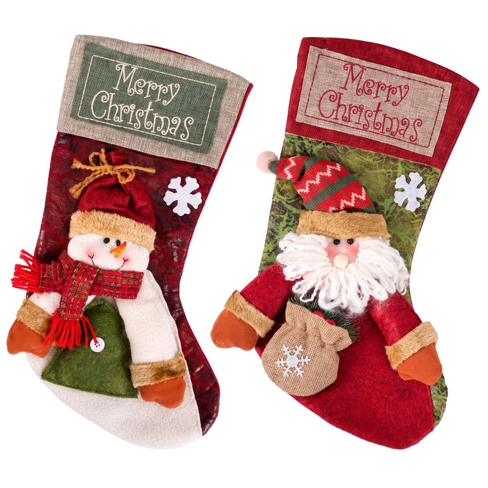 Jingle Jollys 3D Plush Christmas Stockings - 2 Pack Santa & Snowman