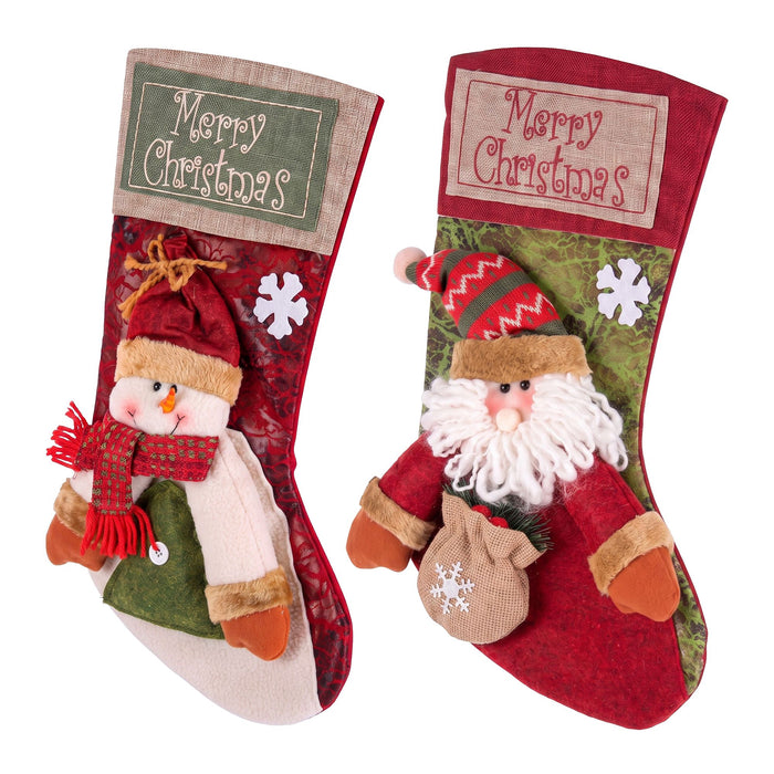 Jingle Jollys 3D Plush Christmas Stockings - 2 Pack Santa & Snowman