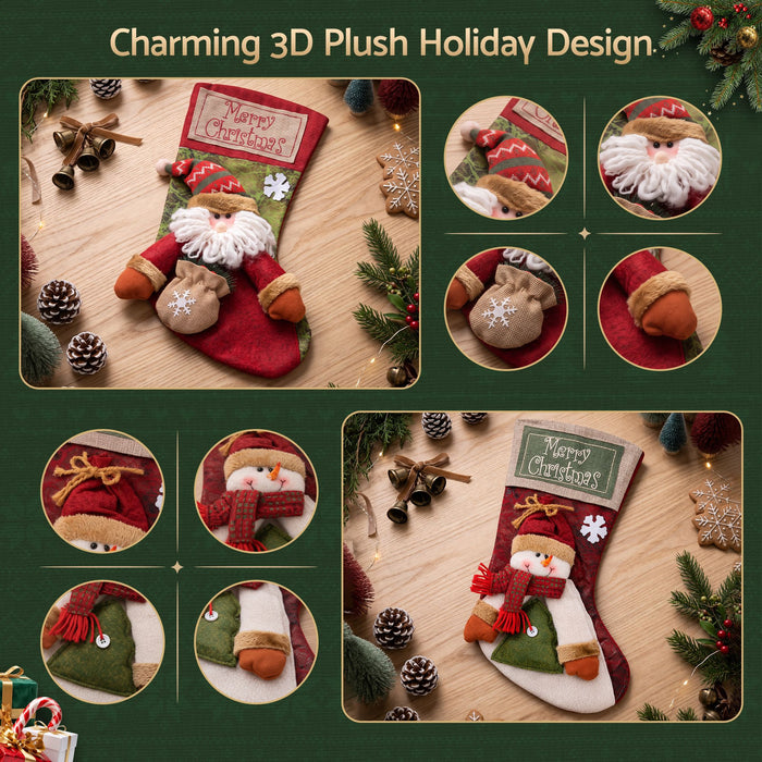 Jingle Jollys 3D Plush Christmas Stockings - 2 Pack Santa & Snowman